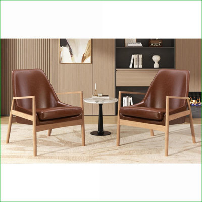 Ensemble de 2 fauteuils d'appoint en cuir de polyuréthane de style Mid-Century moderne, fauteuils à cadre haut en bois massif pour sièges de lecture pour adultes