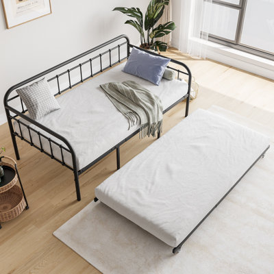 Twin Size Metal Daybed Frame with Trundle, Heavy Duty Steel Slat Sofa Bed with Headboard, No Box Spring Needed, Black