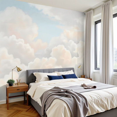 Boho Peel and Stick Wallpaper Soft Pastel Clouds Dreamy Sky Light Blue Cream Tones Wall Murals 100"H x 144"W Removable PVC Wall Paper Self-Adhesive Wall Decor for Nursery Classroom Kids Bedroom Living Room