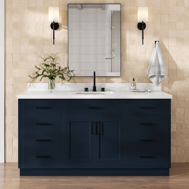 Meuble-lavabo simple en bois massif 66 po avec plateau en quartz blanc Thornaby, Forme rectangulaire, Bleu minuit