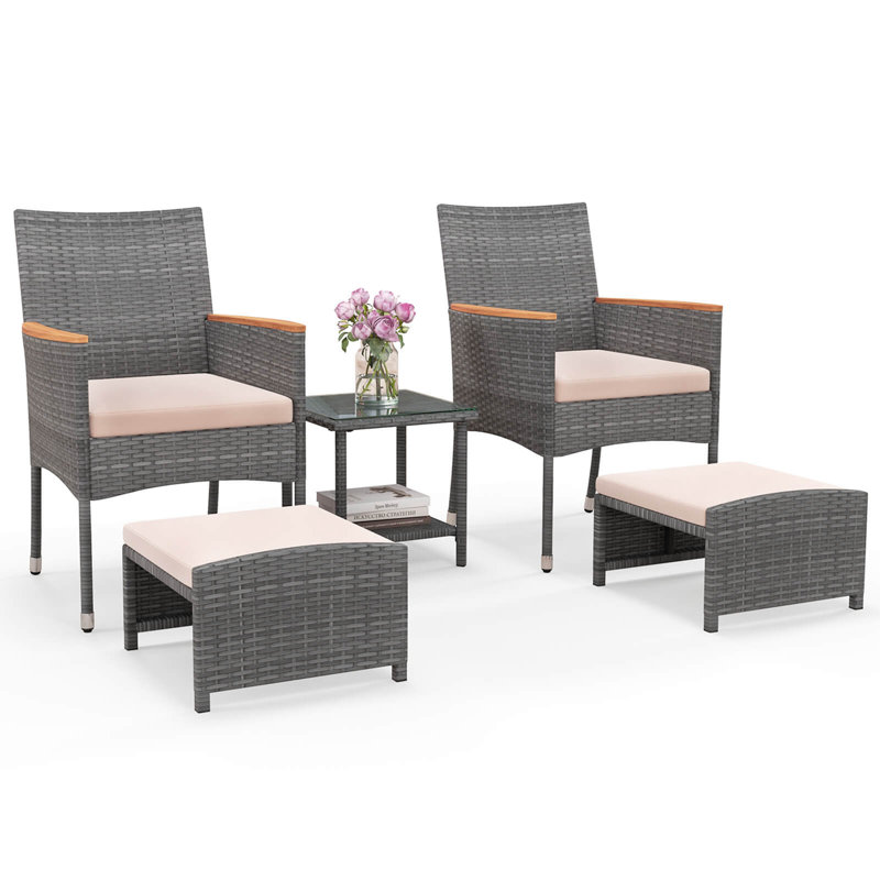 Ensemble de conversation de patio 5 pièces avec coussins moelleux et repose-pieds en verre trempé
