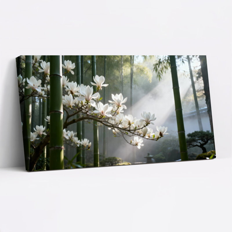 Tableau sur toile tendue « Bosquet de bambous et fleurs de magnolia blanc » (lot de 1), H 12 po x l 36 po