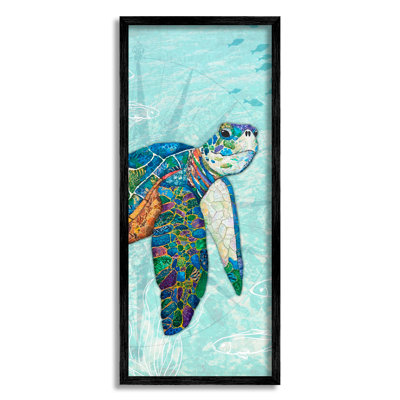 Sea Turtle Underwater Ocean Mosaic Style Collage Black Framed Giclee Texturized Art by Lisa Morales
