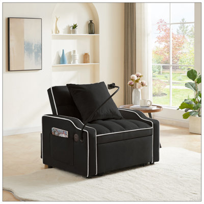 Canapé-lit, canapé-lit convertible 3 en 1 avec dossier réglable, support pour téléphone et port USB, type C, fauteuil inclinable réglable, fauteuil pour salon, chambre à coucher, petit espace, noir