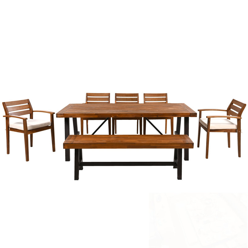 7 Pieces Patio Dining Set with long bench and 5 Chairs