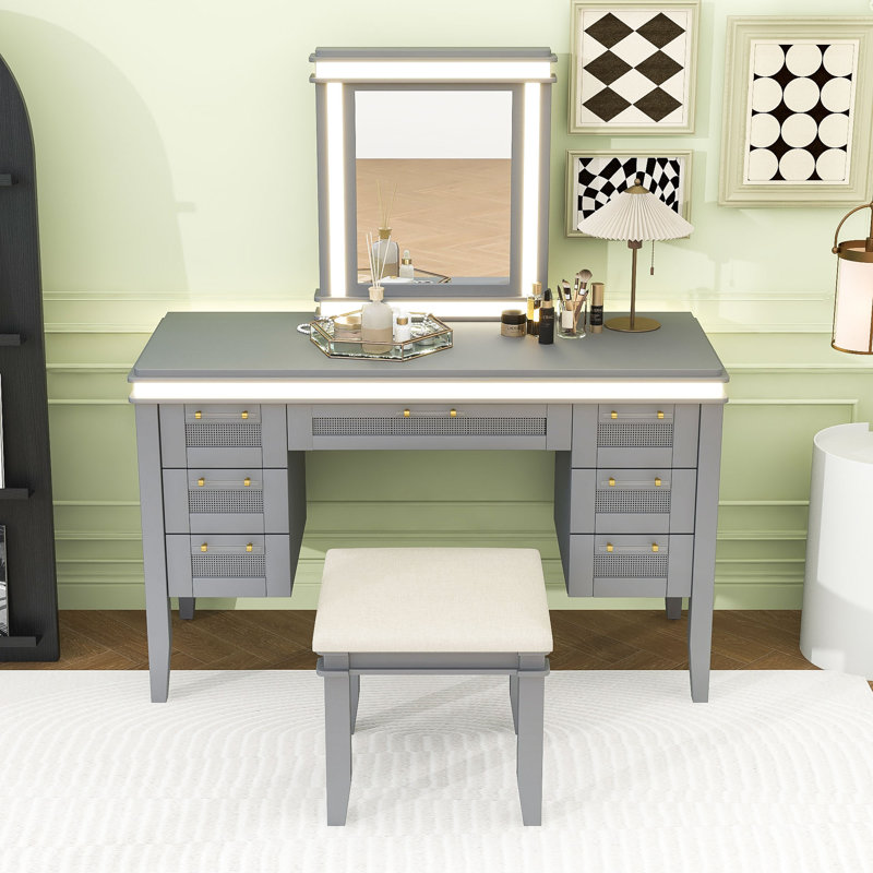 Vanity Desk with Mirror, Lights, Drawers and Cushioned Stool, Gray Blue
