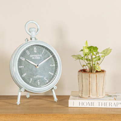Antique White Mantel Clock With Pewter Finish And Iron Base