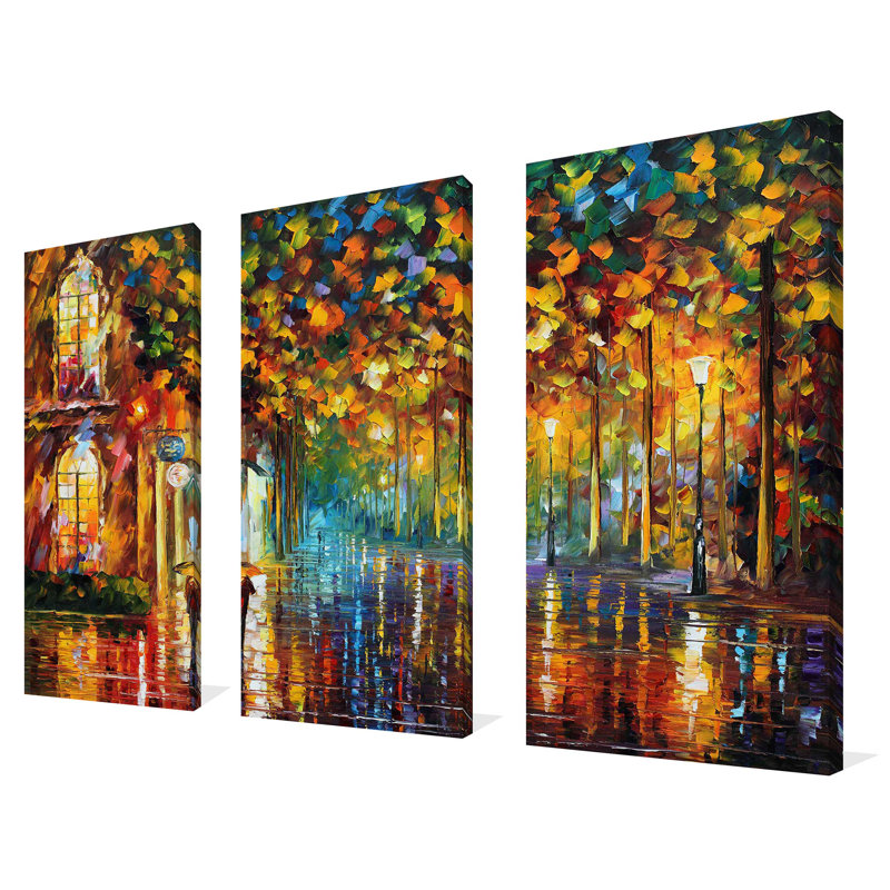 «Late Stroll» par Leonid Afremov, peinture sur toile tendue 3 pièces, H 24 po x l 36 po x P 0,75 po