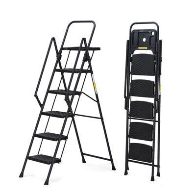 5-Step Ladder, Foldable Step Stool With Tool Tray And Wide Non-Slip Pedals, Sturdy Steel Ladder, Convenient Handrails, Lightweight Portable Steel Step Stool