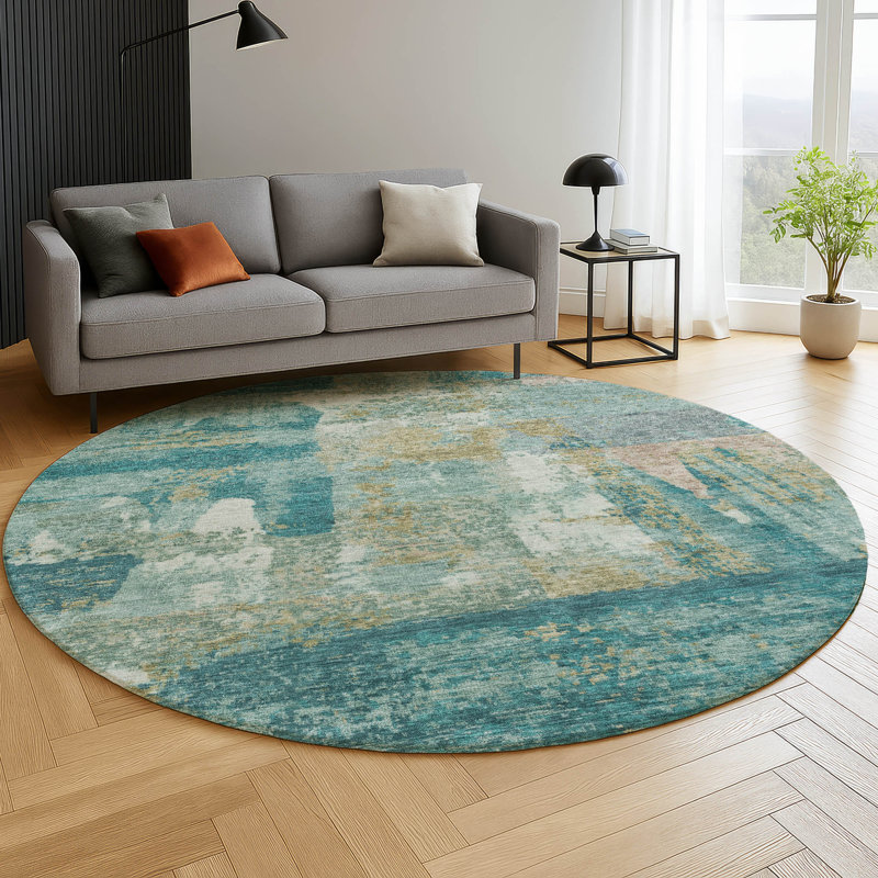 Premium Machine Washable Mayfield AMF2147 abstract Rug, Round 8', Teal