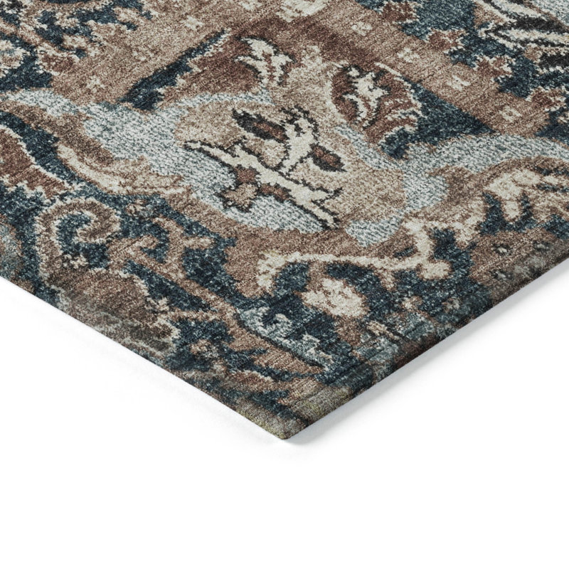 Taupe and Blue Synthetic Washable Rectangular Rug