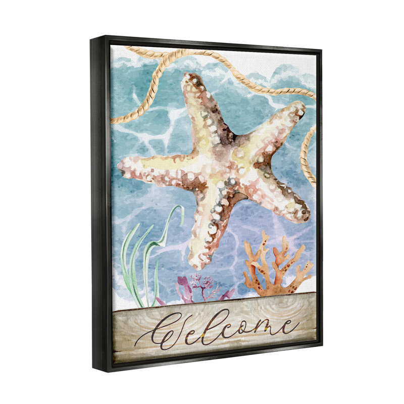 «Aquatic Beach Welcome Starfish Floater», art mural par ND Art, H 31 po x l 25 po x P 1,7 po, Cadre flottant noir de jais