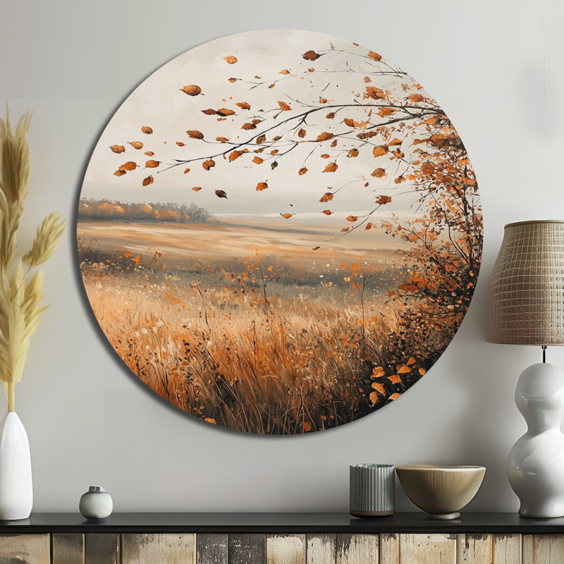 Windy Prairie Leaves In The American Prairies I - Art mural rond en feuilles, H 23 po x l 23 po
