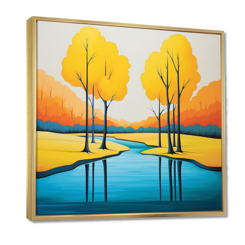 «Yellow Trees Autumn Forest River», art mural rivière, Toile avec cadre flottant or, H 16 po x l 16 po x P 1 po