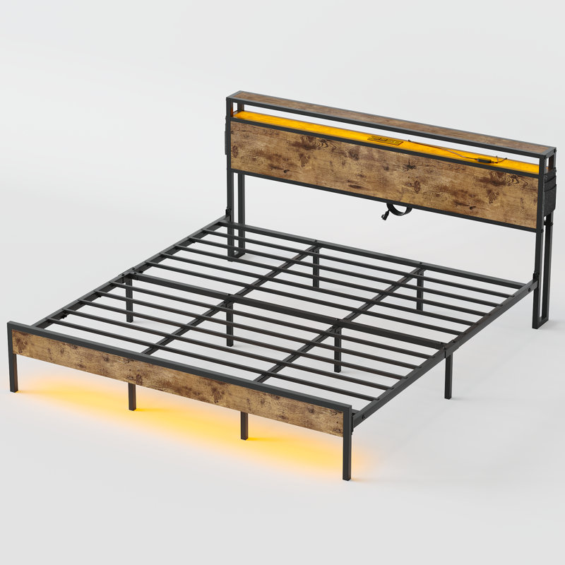 King Size Rustic Metal Platform Bed with LED Storage Headboard