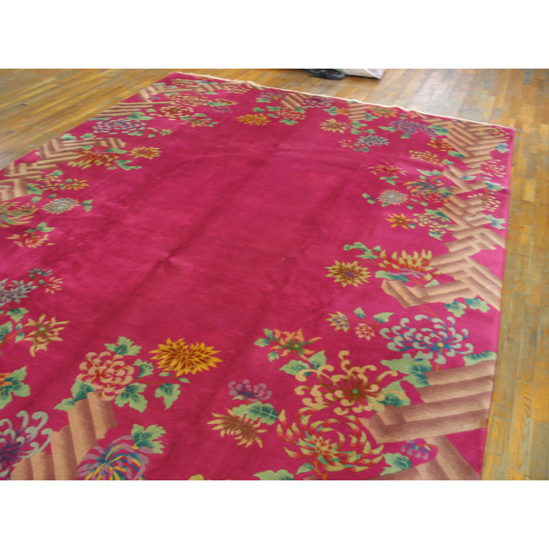 Antique Rectangle Wool Hand Knotted Pile Floral 1920s Coral / Salmon Pink Rug