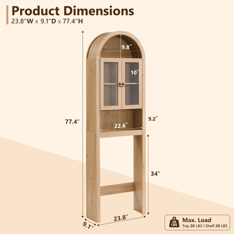 Ahart Arched Freestanding Over The Toilet Storage Cabinet with Acrylic Doors, Modern 77"H Over Toilet Bathroom Organizer Shelf with Adjustable Shelf