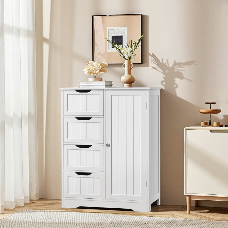 Jalieah Free-Standing Large Wooden Bathroom Floor Cabinet, 35.5" H x 26" W x 14" D, White