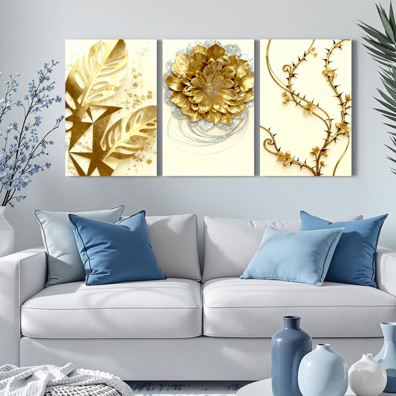 «Golden Floral and Leaf», reproduction d'art sur toile tendue sur toile (ensemble de 3), H 24 po x l 48 po
