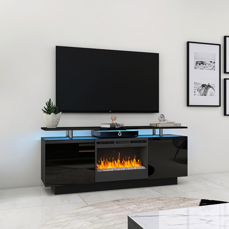 Meuble télé avec foyer 160 cm ultrabrillant - 9 réglages de flammes et de bûches, 750 / 1500watts, 5 niveaux de température, 1 minuterie de 8 heures, protection contre la surchauffe, taille maximale de l'écran blanc 50 Console de 59 pouces avec garde de température