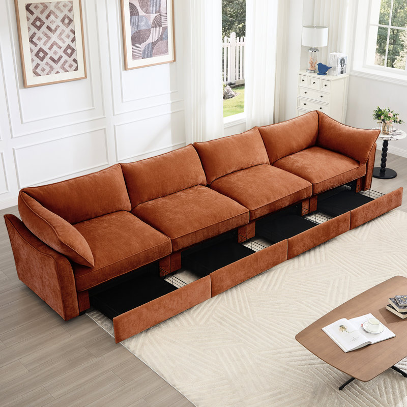 Chenille orange, très grands coussins intégrés pour quatre personnes et accoudoirs, rangement escamotable, tiroirs de rangement en tissu lisse, passepoil exquis, peau douce, configurations à sièges multiples
