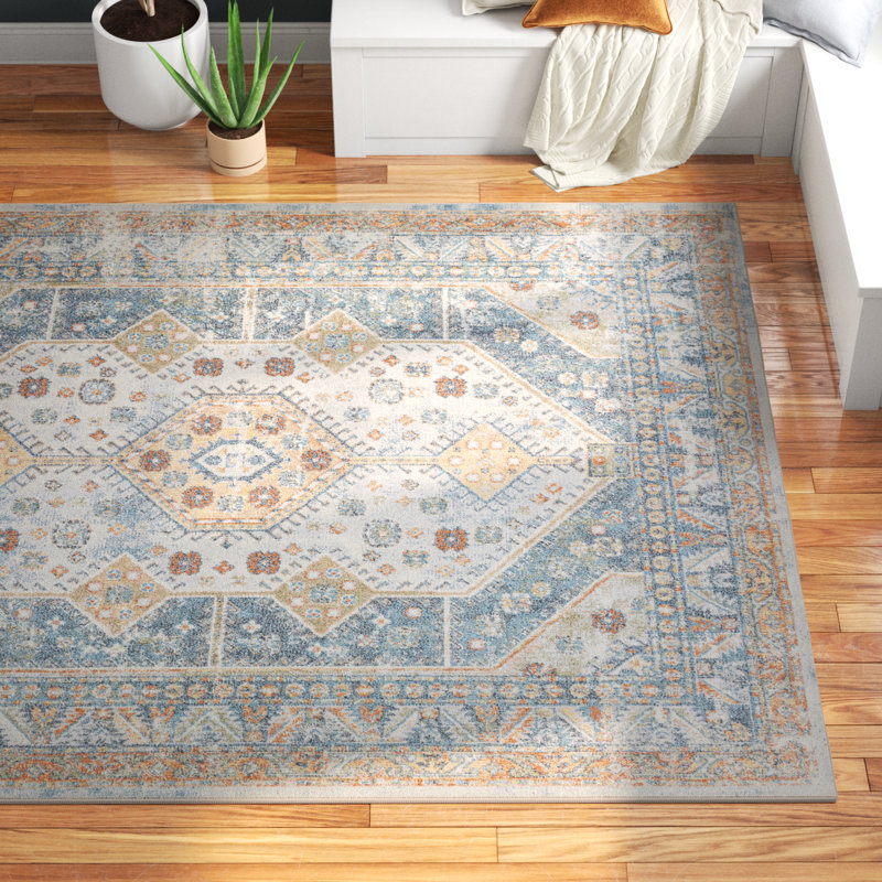 Washburn Machine Washable Oriental Blue/Ivory Area Rug, Rectangle 7'10" x 10'2"