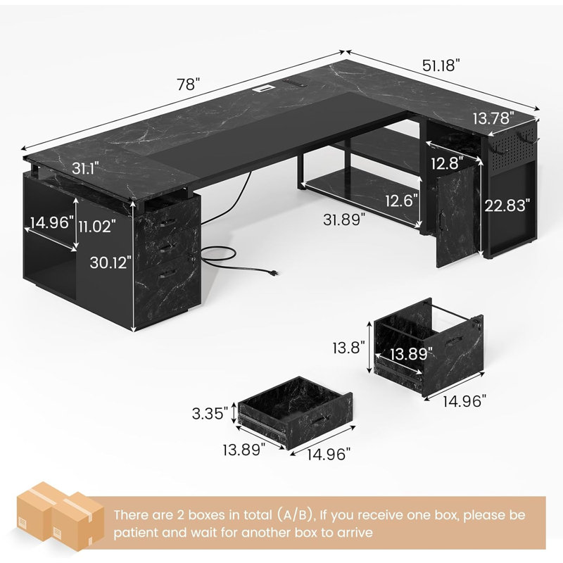 78" Executive Desk With Lockable File Cabinet, L Shaped Office Desk With Power Outlets, Privacy Screen, Marble Black