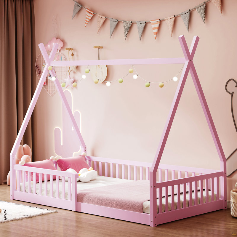 Lit simple en bois avec clôture, Rose