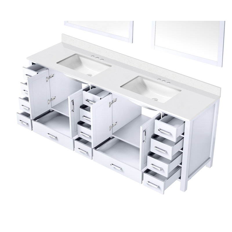 Meuble-lavabo double blanc 84 po - Comptoir en quartz, miroirs de 34 po, fermeture en douceur, comptoir extérieur rayé et teint, miroirs, options de rangement spacieuses