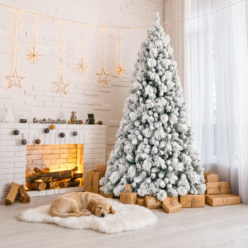 Arbre de Noël 7,5 pi avec 500 lumières à DEL blanc chaud - 1252 pointes, PVC enneigé et branches à aiguilles dures, conception à charnières pour une installation facile, support en métal robuste - arbre des Fêtes complet et réaliste