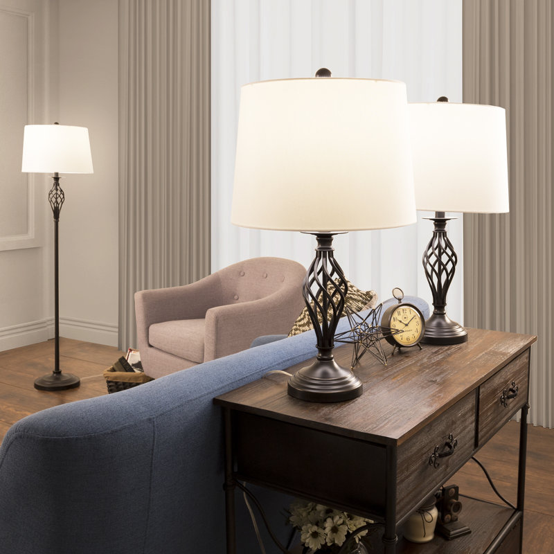 Elegant Spiral Cage Bronze Table and Floor Lamp Set with Cream Drum Shades