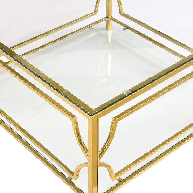 Table basse carrée en verre de 33,5 po, cadre géométrique luxueux, finition dorée et tablette inférieure