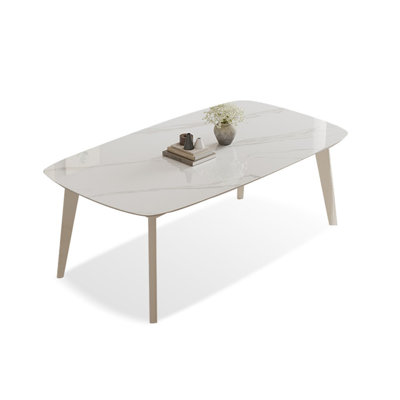 White + Crystal-cream Rectangular Sintered Stone + Solid Wood Dining Table