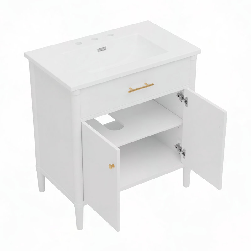 30" Bathroom Vanity with Sink, Soft Close Doors, Adjustable Shelf, Solid Wood Legs, White, White