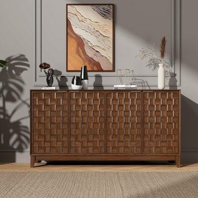 Fluted Sideboard Buffet Cabinet with Storage, Wood Buffet Cabinet with 3D Checkerboard Doors and Adjustable Shelves, Mid Century Modern Coffee Bar Cab