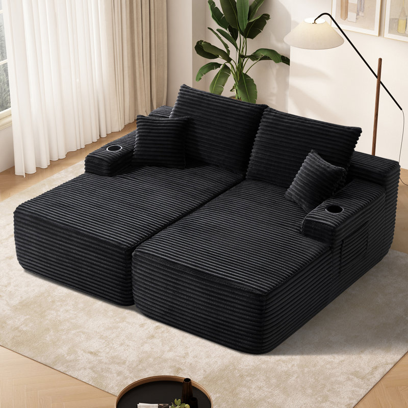 Très grand canapé-lit 69 po à dossier double désossé avec assise profonde, causeuse en velours côtelé moelleux 2 pièces, aucun assemblage requis, salon, rangement, tasse multifonctionnelle.
