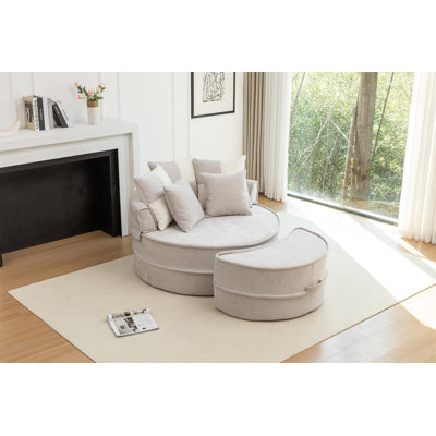 Oversized Round Accent Barrel Chair With 5 Pillows Soft Chenille Upholstered Armchair Lazy Lounge Sofa With Ottoman For Living Room/Bedroom/Reading Room/Guestroom