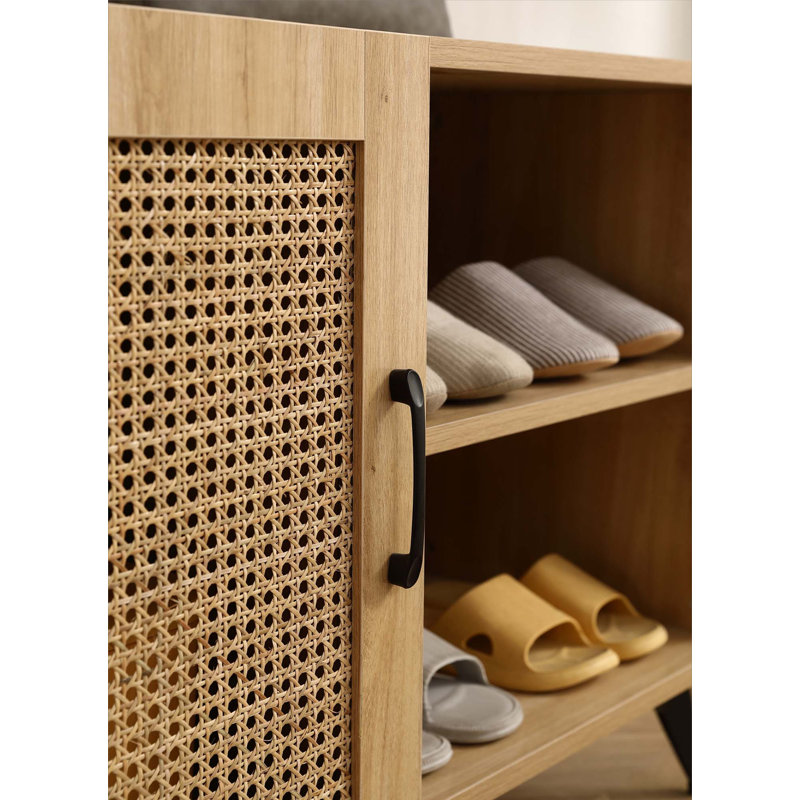Armoire de rangement moderne pour chaussures avec porte en filet de rotin naturel et poignée en bois massif 39,37 pouces