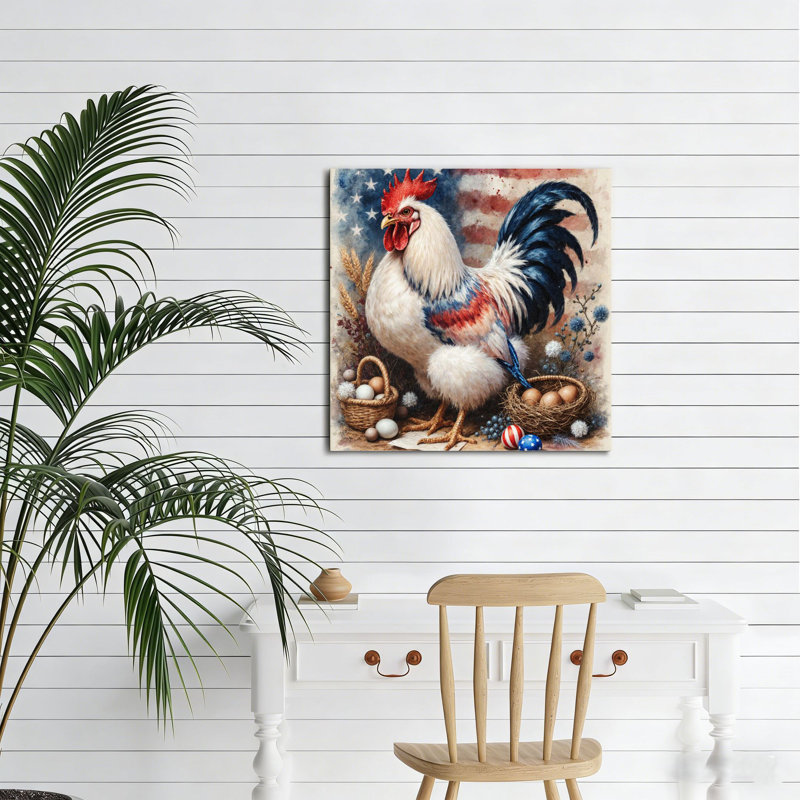 Coq patriotique avec œufs, L 16 x l 16, art mural en bois encastré