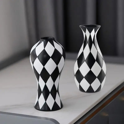 2pcs Black And White Checkered Living Room Flower Arrangement Vase Home Decoration Decoration Table Kitchen Desktop Minimalist Decoration