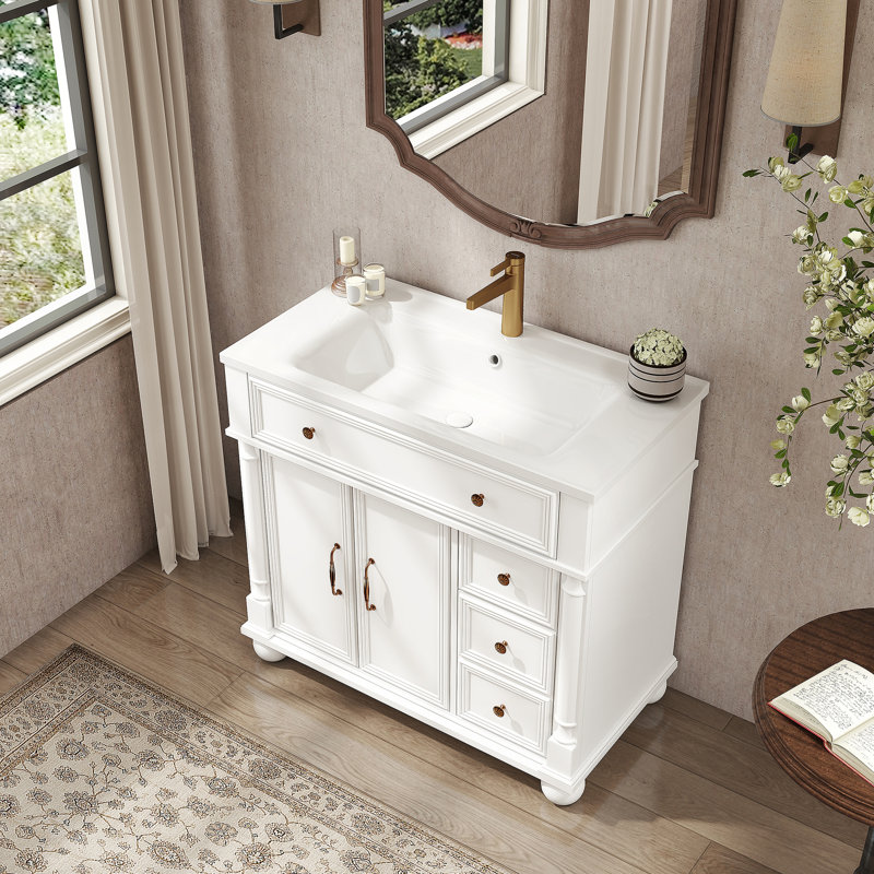 Bathroom Vanity With Sink, Freestanding Bathroom Vanity With 1 Flip-Top Drawer And 2 Storage Drawers, White