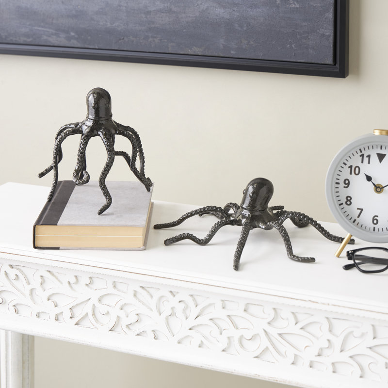 Faulkland Aluminum Metal Octopus Decorative Black Sculpture with Textured Tentacles Set