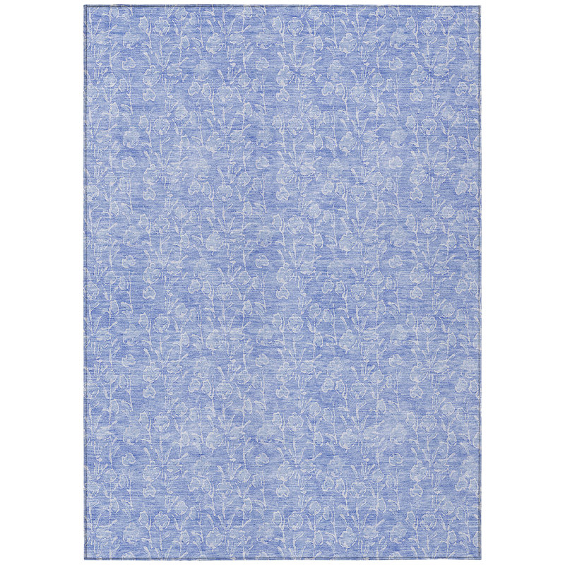 3' X 5' Denim Blue And Ivory Floral Washable Indoor Outdoor Area Rug