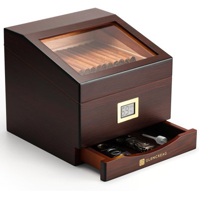 FT-2042 Cigar Humidor Box for 85 Counts, See-Through Design with Spanish Cedar Lining & Divider, Digital Hygrometer