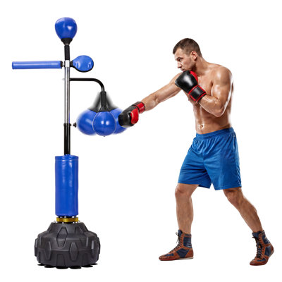 3-in-1 Freestanding Boxing Bar, Dual Speed Balls & 360° Swivel, Adjustable Kickboxing Trainer Heavy Base for Home Gym, Blue