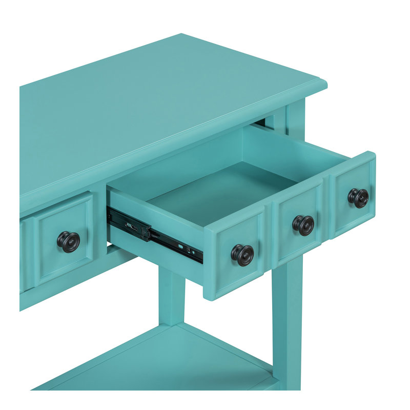 Table d'entrée avec 2 tiroirs, console rustique avec tablette ouverte et pieds en bois d'hévéa pour les entrées, les salons et les couloirs (bleu sarcelle)