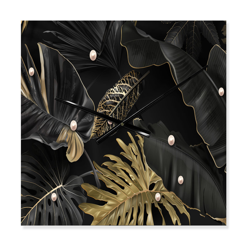 Horloge murale moderne feuilles noires et or tropicales III, Petit