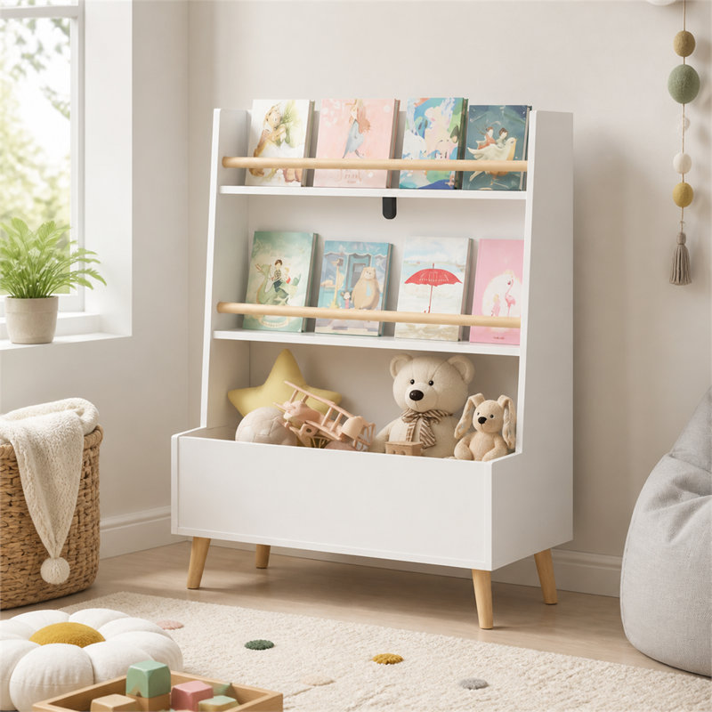 Meuble de rangement blanc multifonctionnel pour enfants, servant à de multiples usages : bibliothèque, présentoir à magazines et rangement pour jouets.