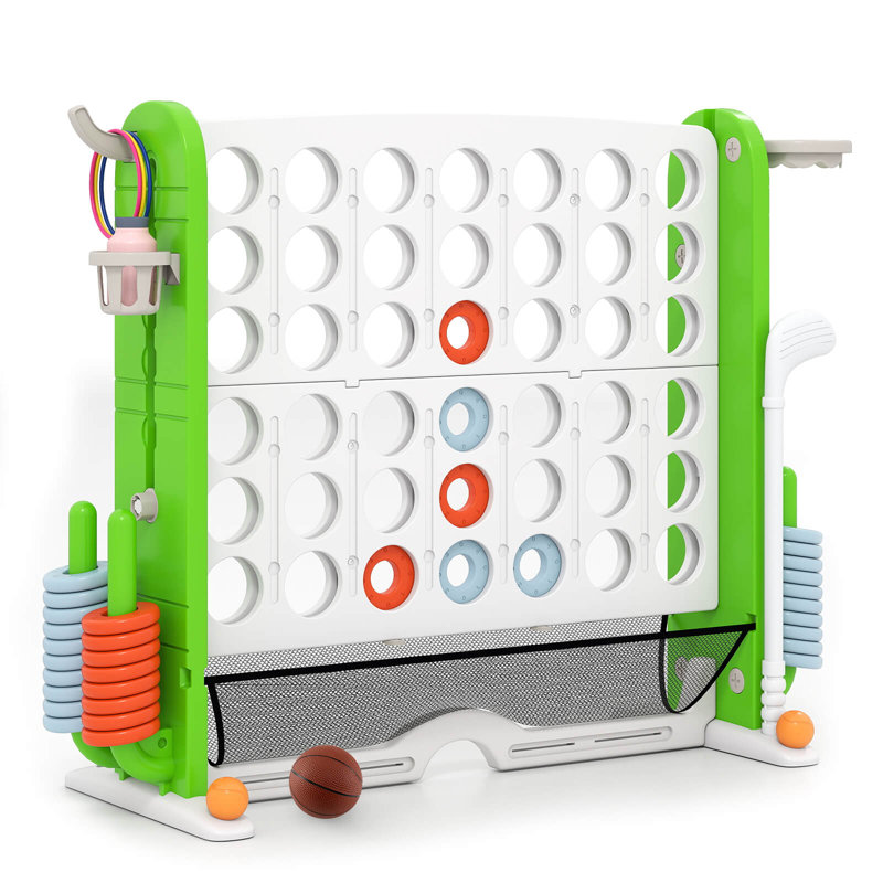 Giant 4-in-a-Row Game Set with Ring-toss, Basketball Hoop, Golf Club & Cup Holders Green + White, White/Green