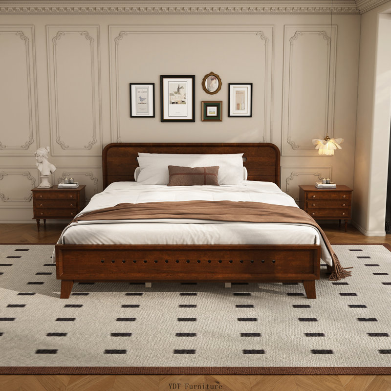 Solid Pine Queen Size Bed, Dark Walnut, Queen